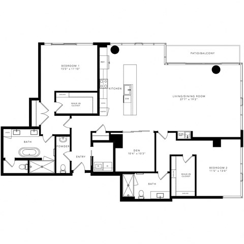 Floor plan for 2 beds, 2.5 baths, 2070 sqft